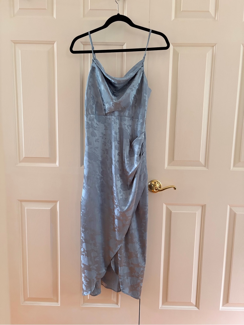 Lulu's Light Blue Satin Jacquard Cowl Midi Dress